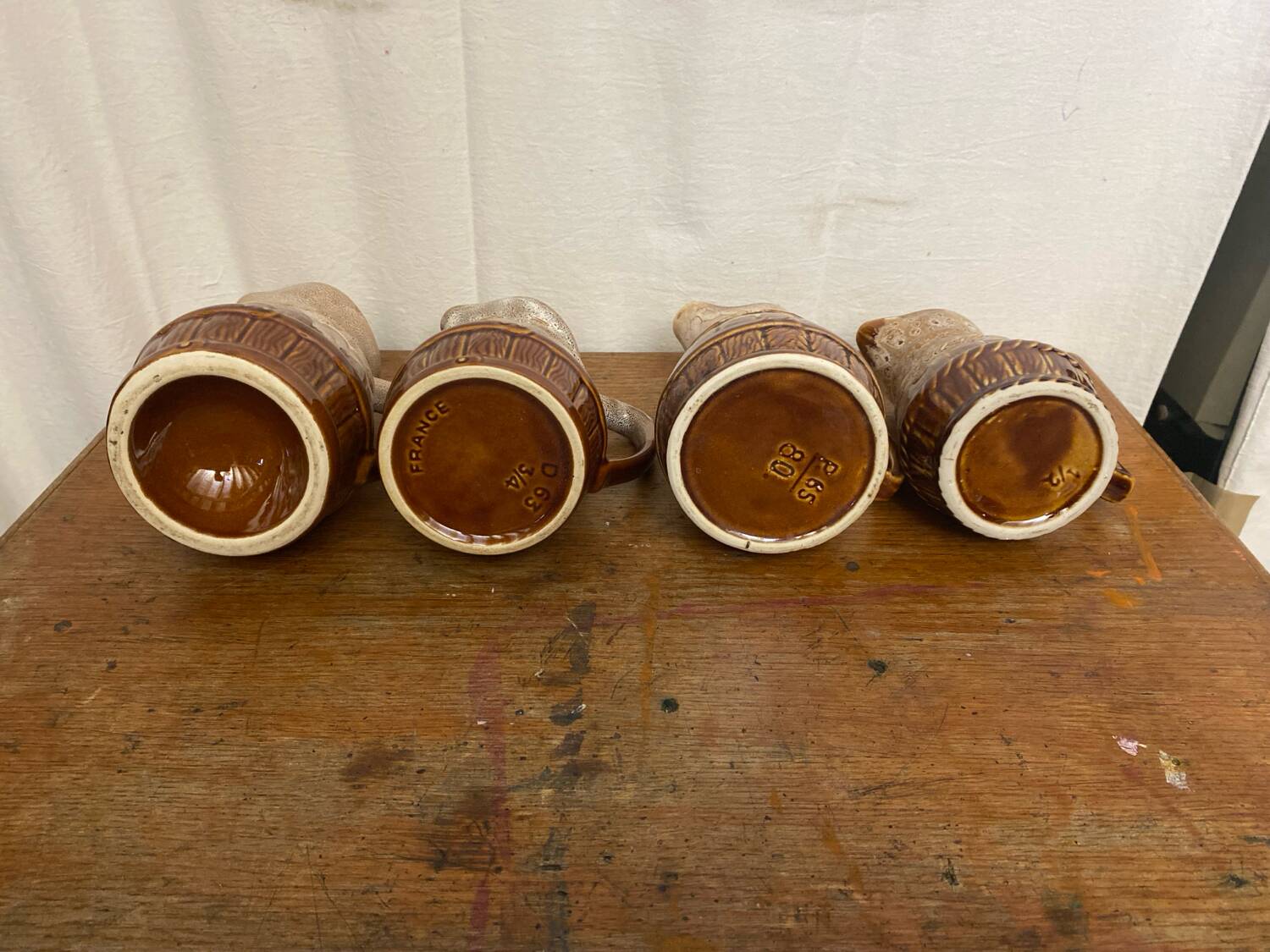 Set of 3 Barrel-Shaped Pitchers in the RÉVOL Style, Vintage Flamed Ceramic