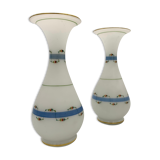 Pair of ancient opaline vases, flower decoration and blue and gold fillets - Circa 1900