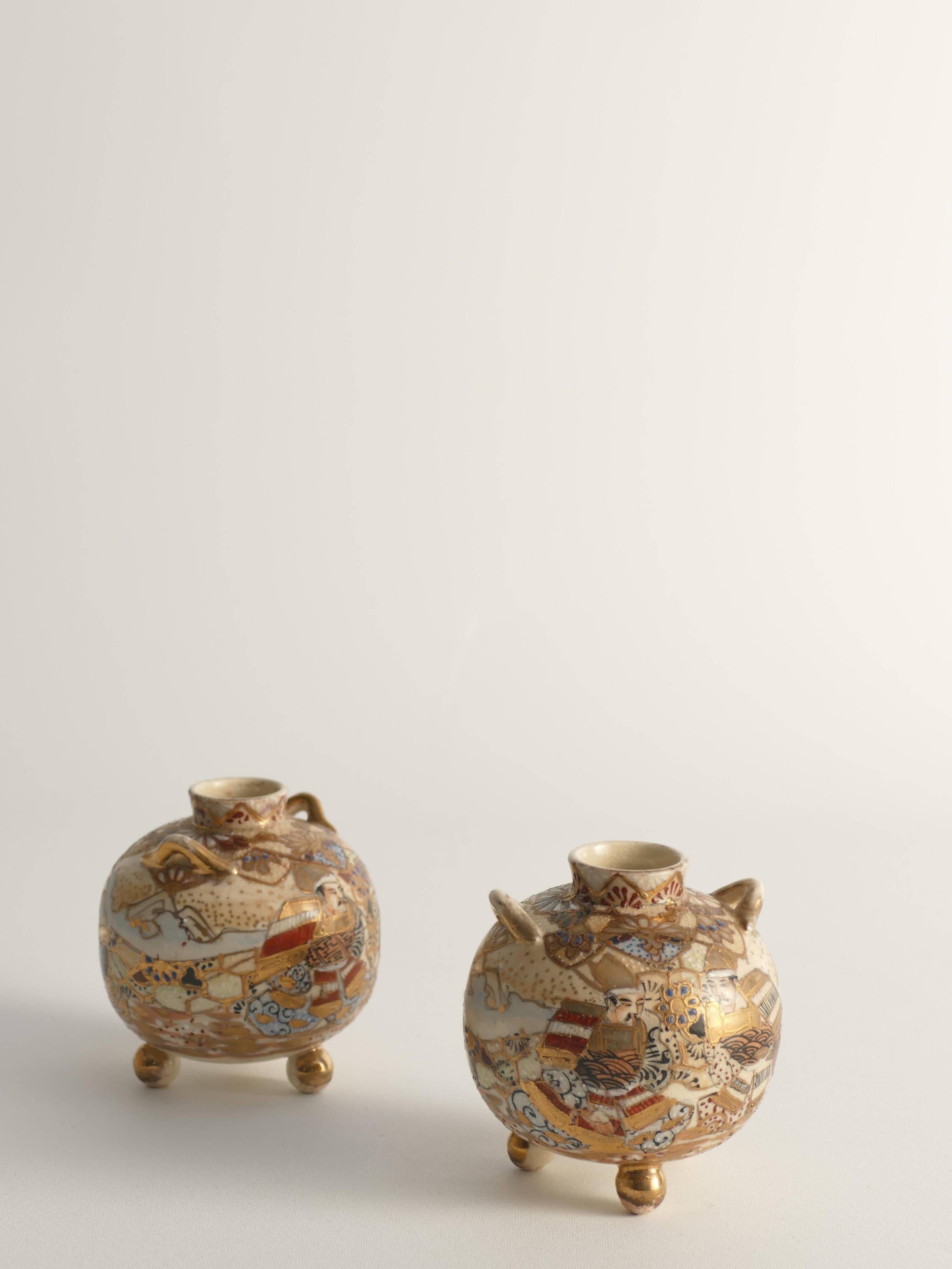 Satsuma Earthenware Vases, Hand-Painted Polychrome, Japan, Set of 2