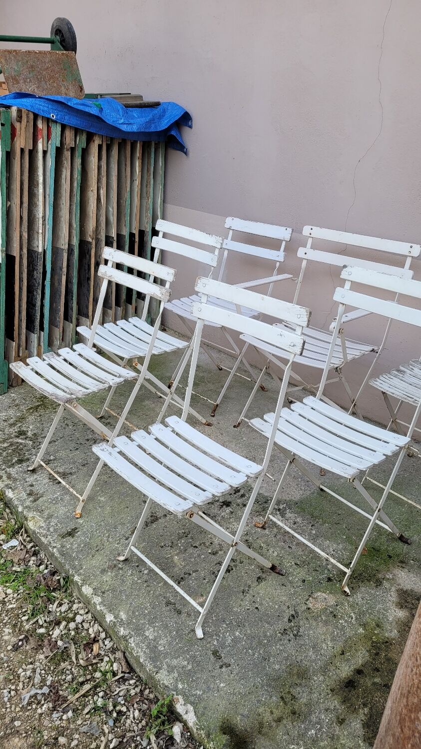 Series of 6 chairs and 1 folding armchair of iron garden bistro