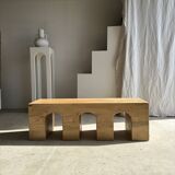 Solid monoxyl wood bench with carved 3-arch base - Natural wood color