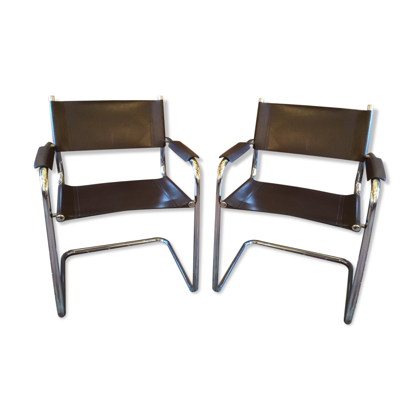 Leather and steel armchairs