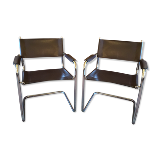 Leather and steel armchairs