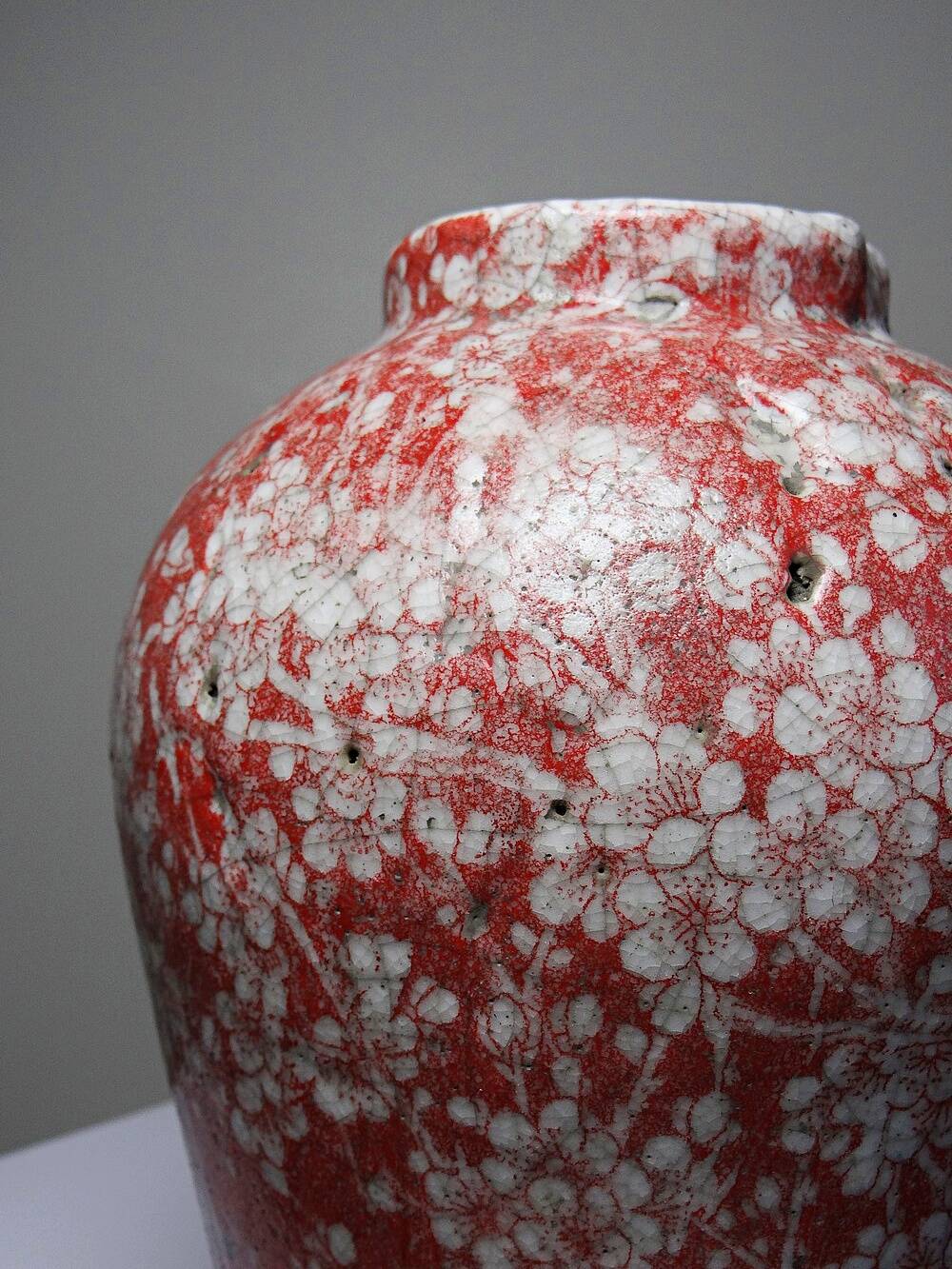 Glazed raku ceramic vase decorated with sakura, vintage 1980s-1990s.
