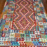 Oriental kilim rug afghan colored red green multicolored
