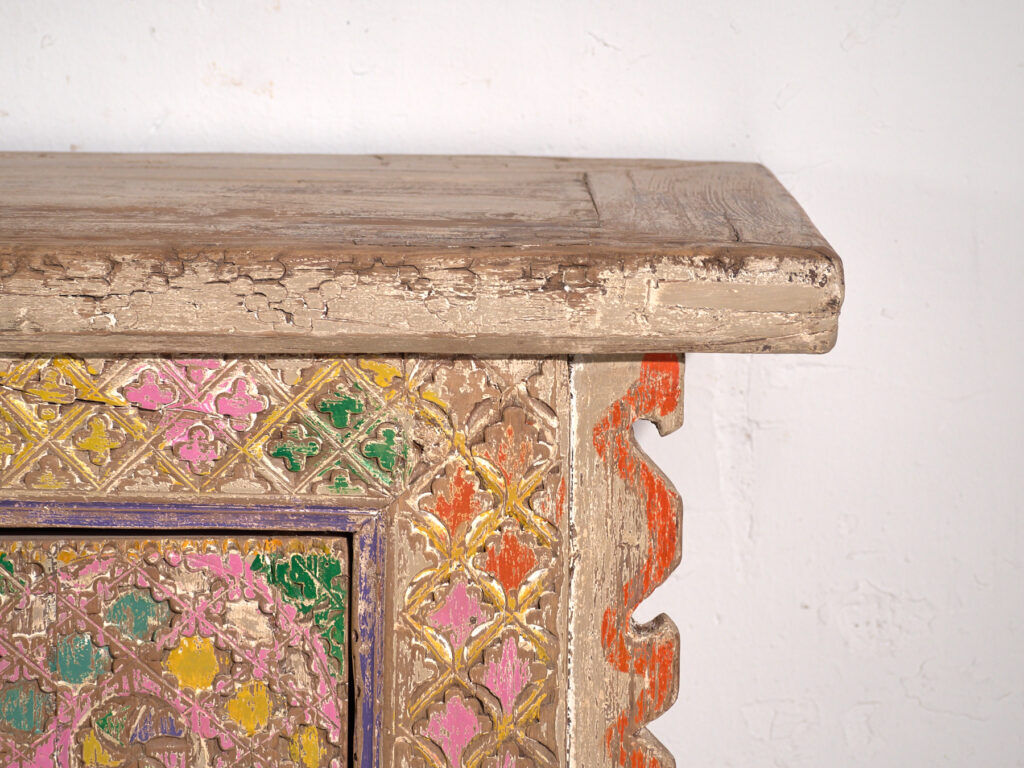 Antique polychrome carved low cabinet in pine – Xinjiang, circa 1900