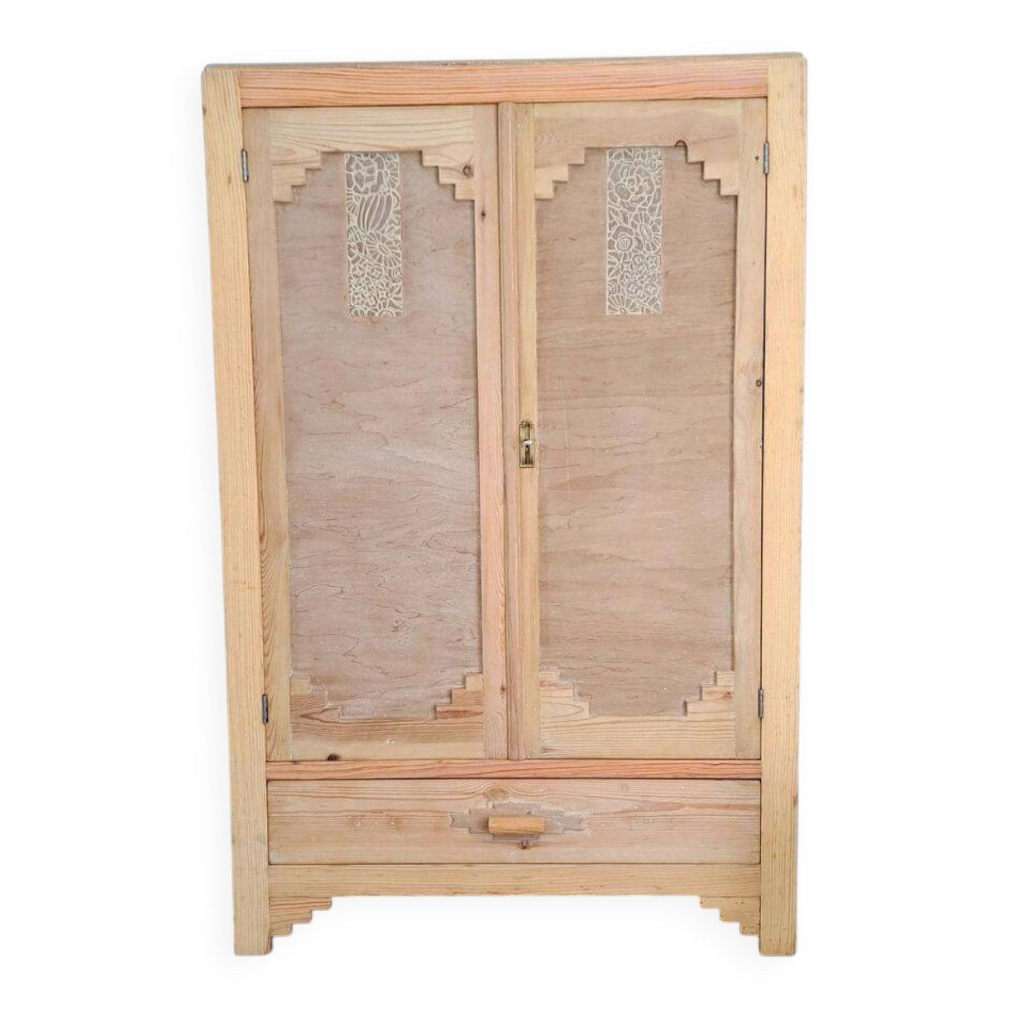Parisian Art Deco wardrobe in stripped natural wood – floral patterns