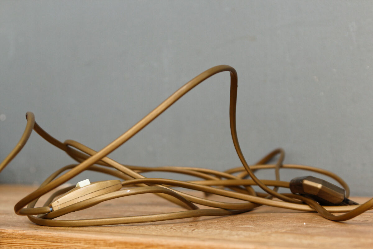 Carved wooden lamp, fiber shade