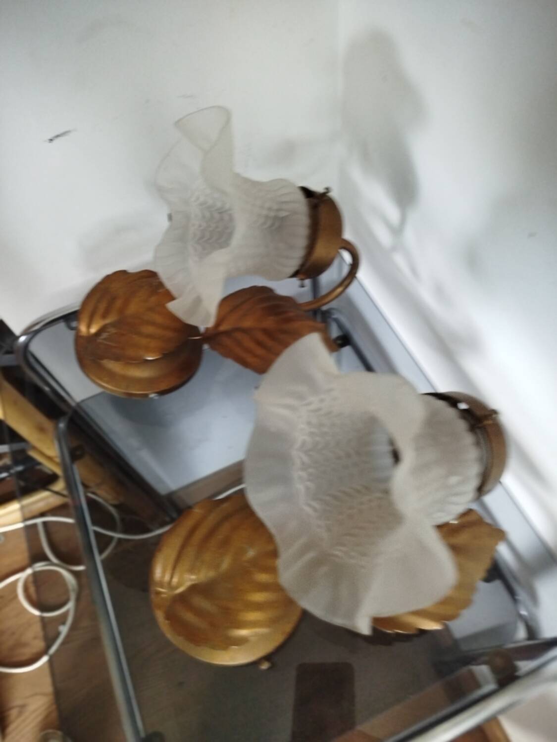 Pair of vintage flower & leaf style wall sconces - molded glass