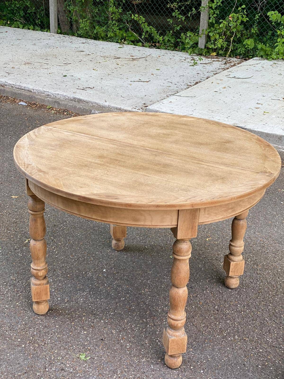 Extendable round farmhouse dining table renovated in raw oak 160cm 20th century