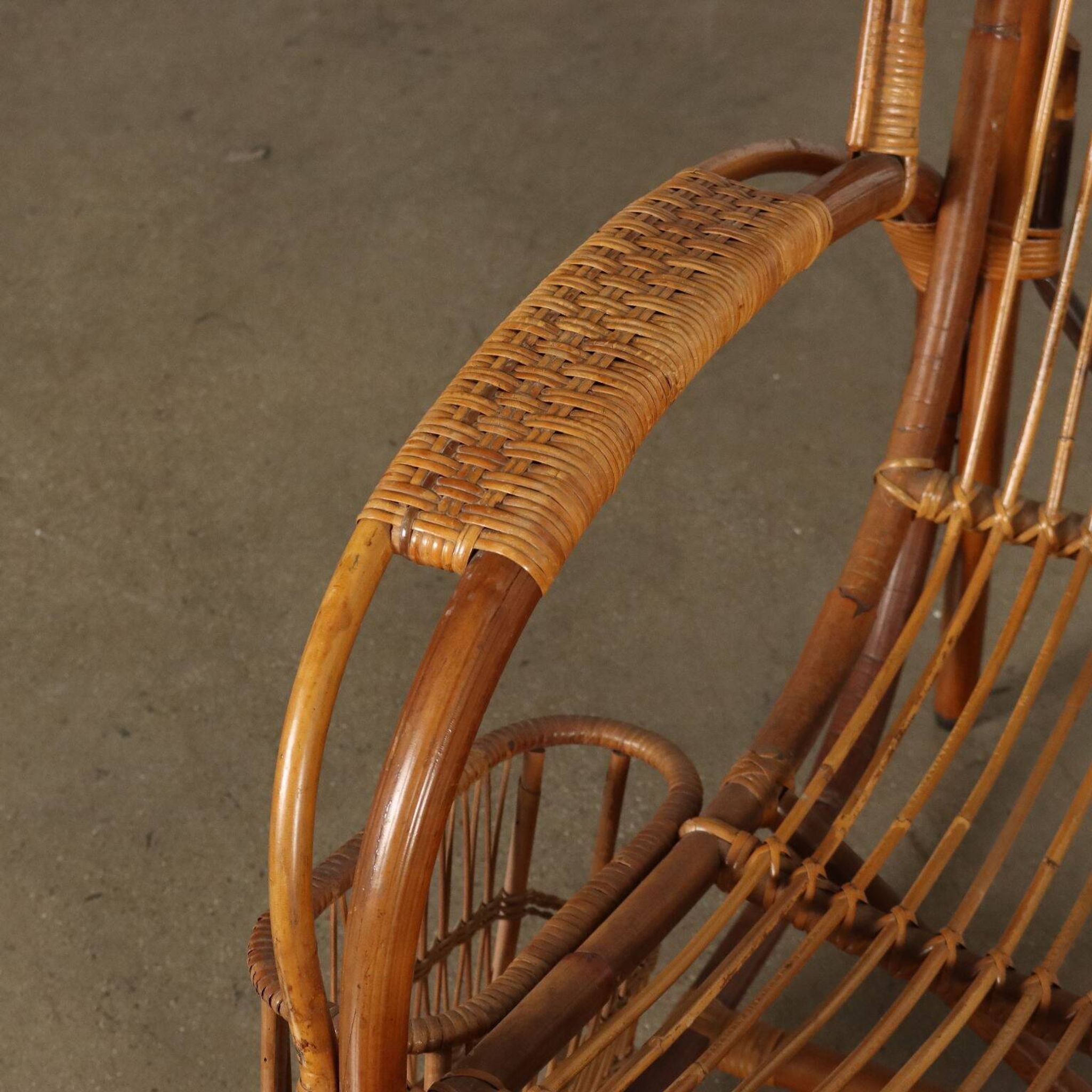 Vintage wicker armchair with magazine rack, Italy, 1960s