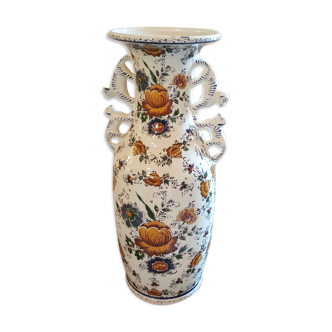 Vase faïencerie Hubert Béquet décor floral anses singes ou chats