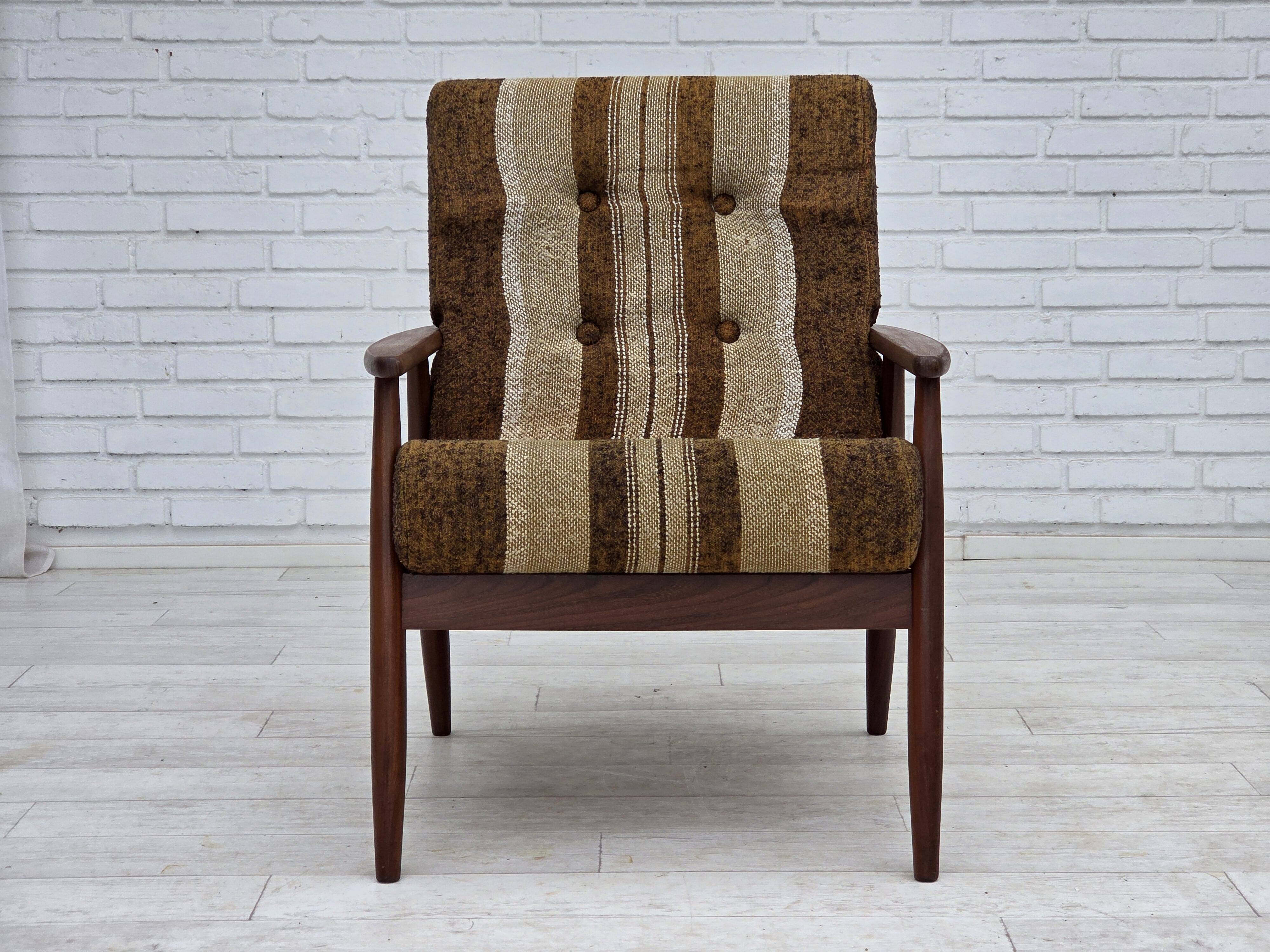 1970s, Danish armchair, teak wood, furniture wool fabric.