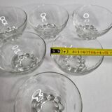 Set of six engraved crystal bowls in Art Deco style on spherical feet