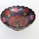 Vintage brass bowl with peacock motif, painted enamel, scalloped edge on a pedestal.