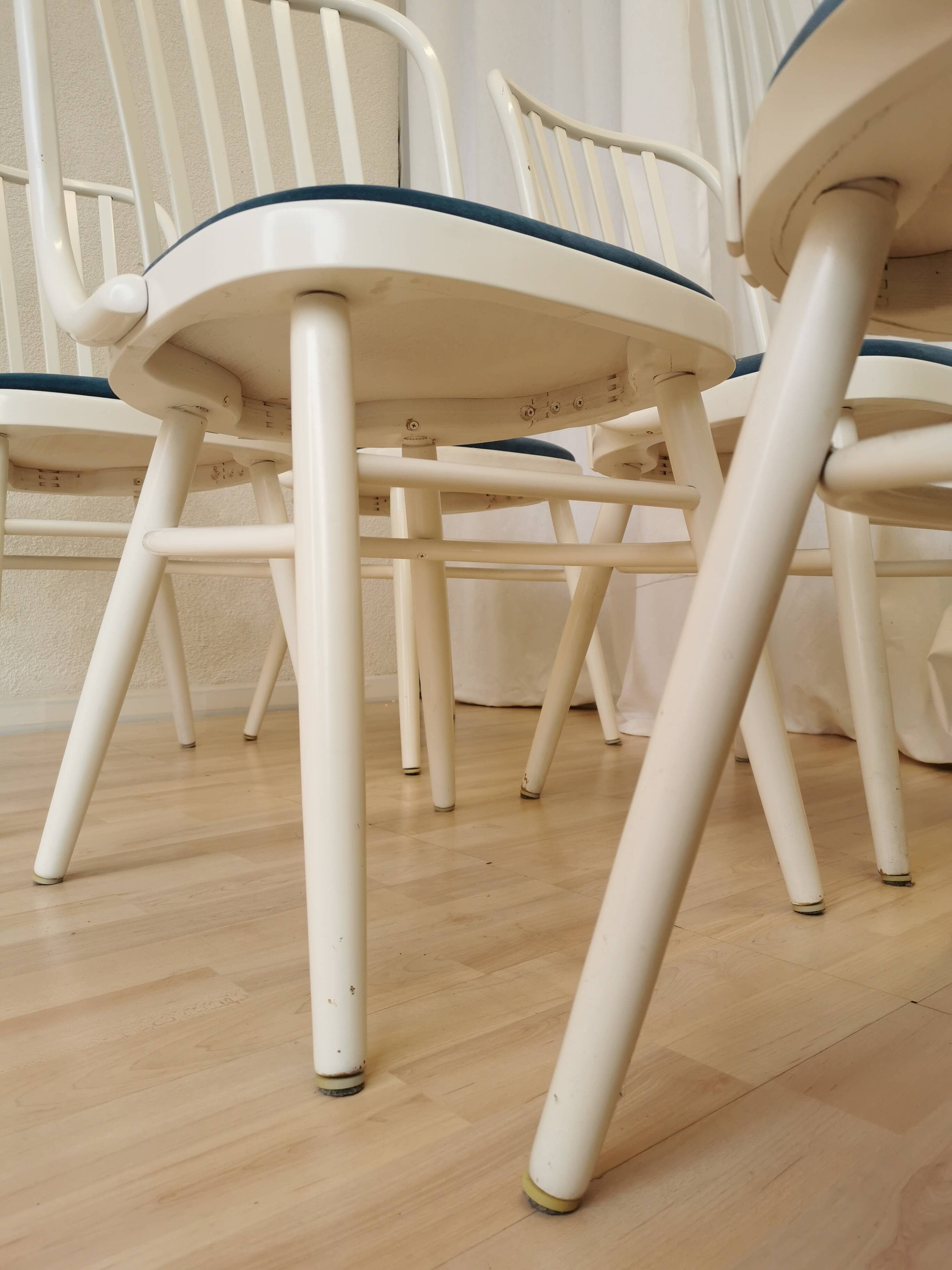 Set of 6 Vintage Bentwood Dining Chairs: White Ligna Style, Blue Fabric