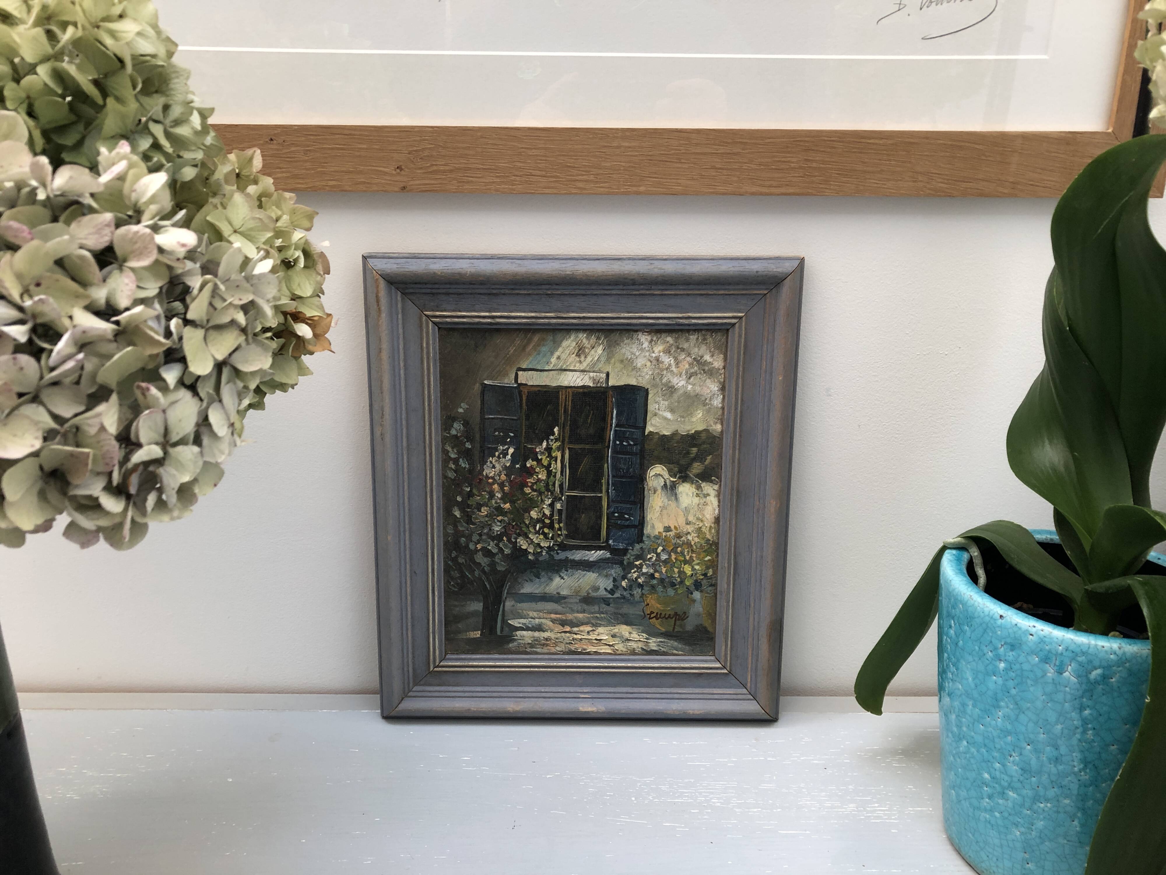 Oil painting on canvas Landscape with blue shutters