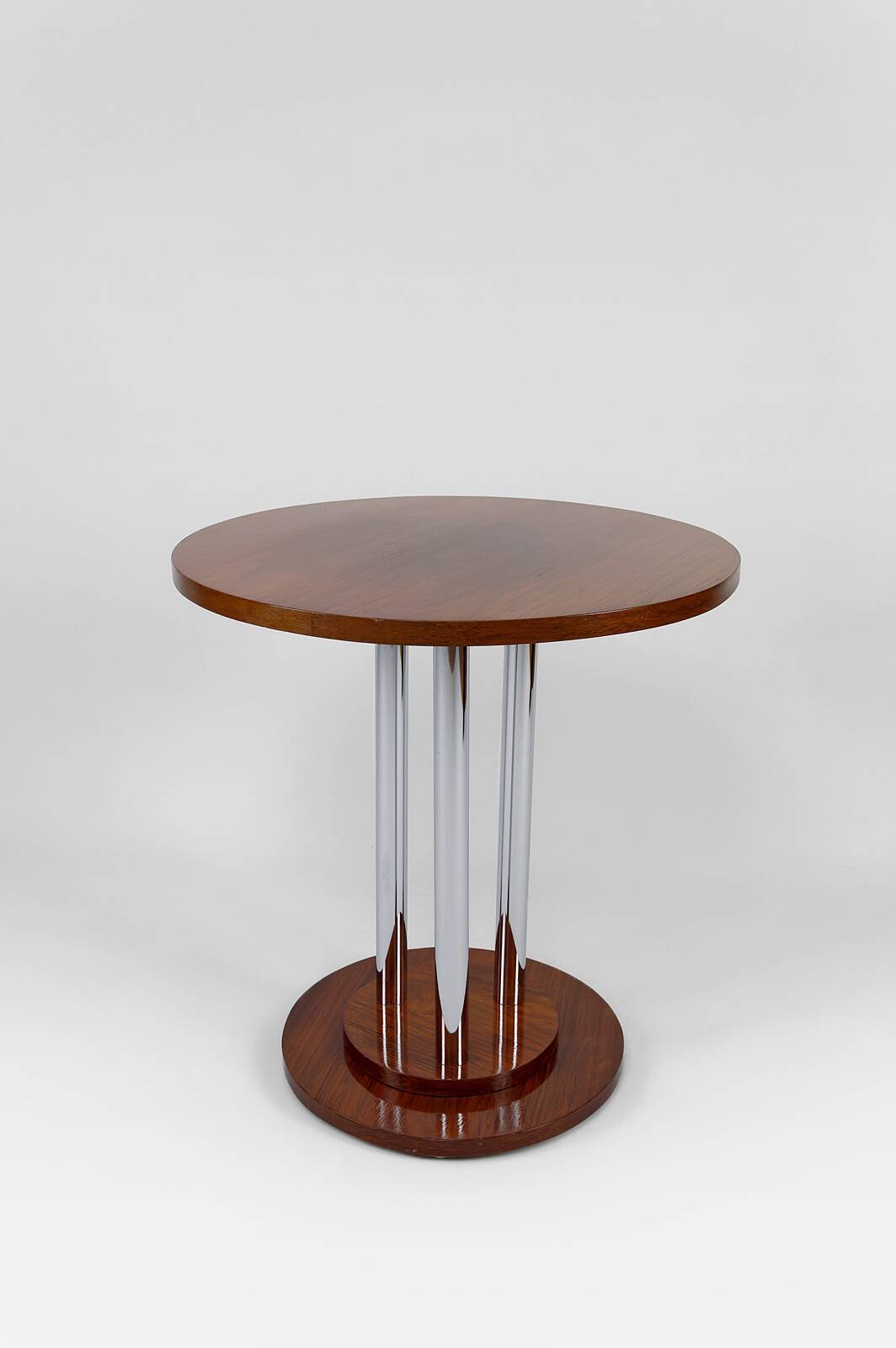 Modernist Art Deco pedestal table in walnut and chrome, France, Circa 1930