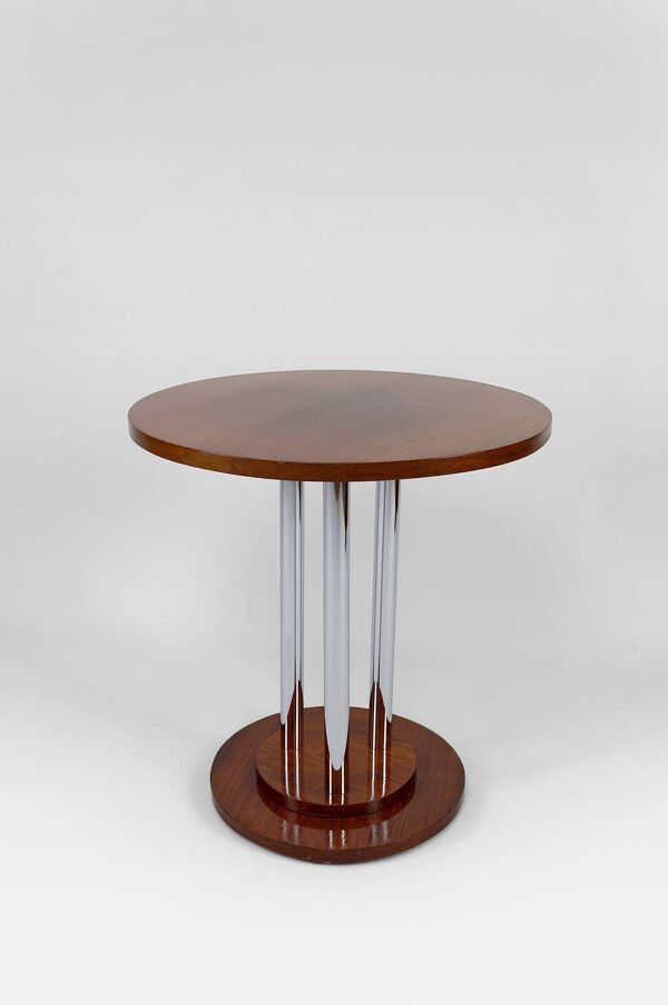 Guéridon Art Deco moderniste en noyer et chrome, France, Circa 1930