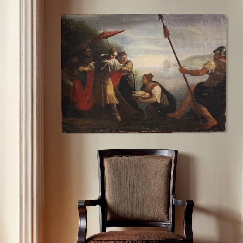 Antique Italian painting Moses saved from the waters from the 18th century