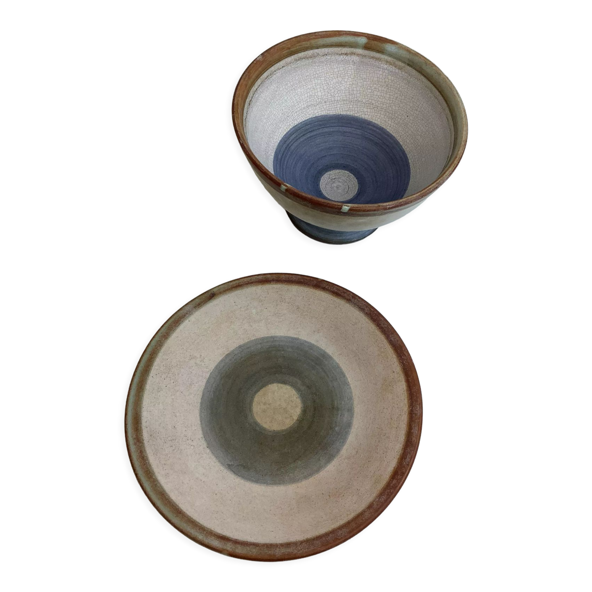 Duo of footed bowl and artisanal plate made in France Vallauris