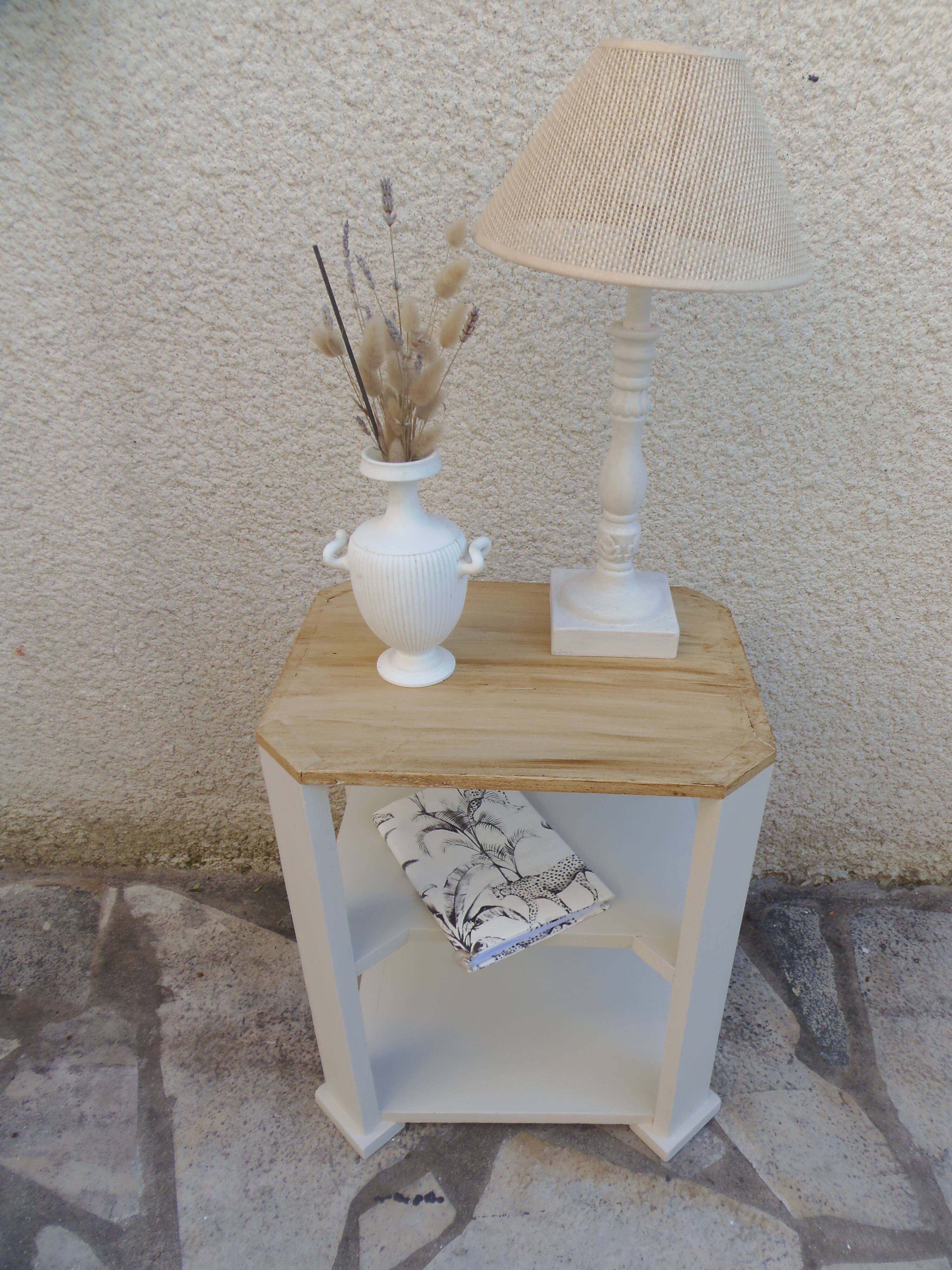Vintage side table reimagined in beige, wooden tops.