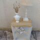 Vintage side table reimagined in beige, wooden tops.