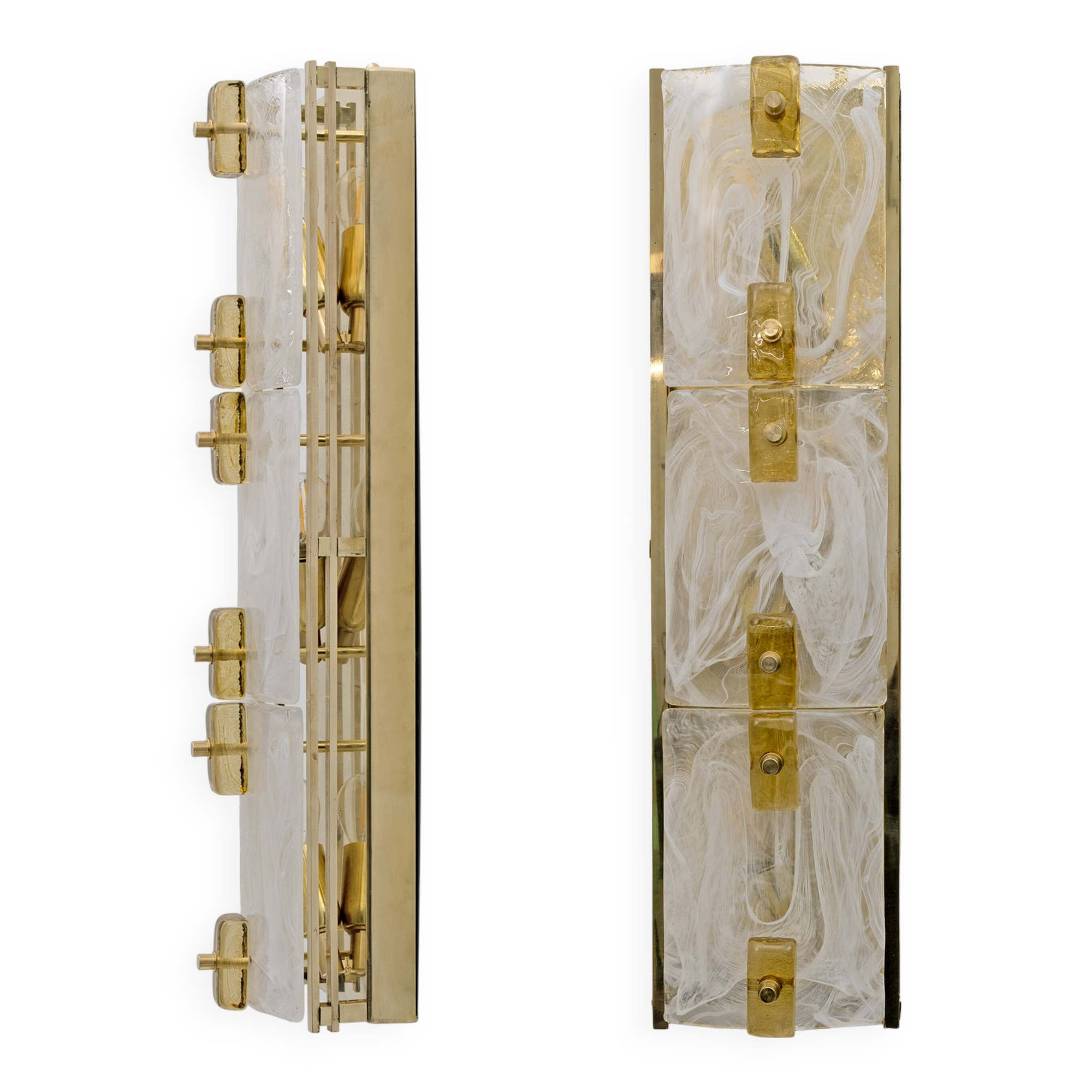 Pair of Modern Sconces in Brass and Milk White Murano Glass and Amber Glass