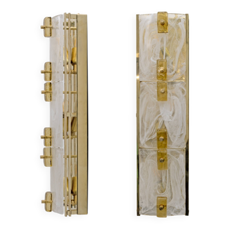 Pair of Modern Sconces in Brass and Milk White Murano Glass and Amber Glass