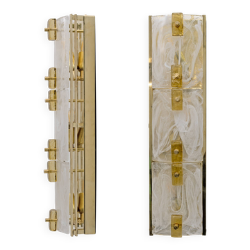 Pair of Modern Sconces in Brass and Milk White Murano Glass and Amber Glass