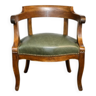 Antique gondola office chair, solid wood, green faux leather seat.