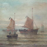 Tableau xix marine hst signed moreno, sailing boats fishermen, frame painting oil canvas