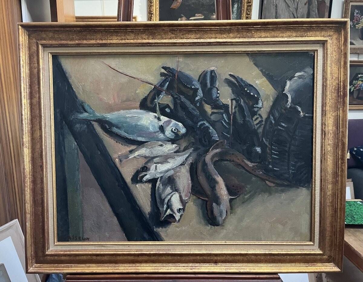 Still life with lobsters and fish, oil on canvas signed
