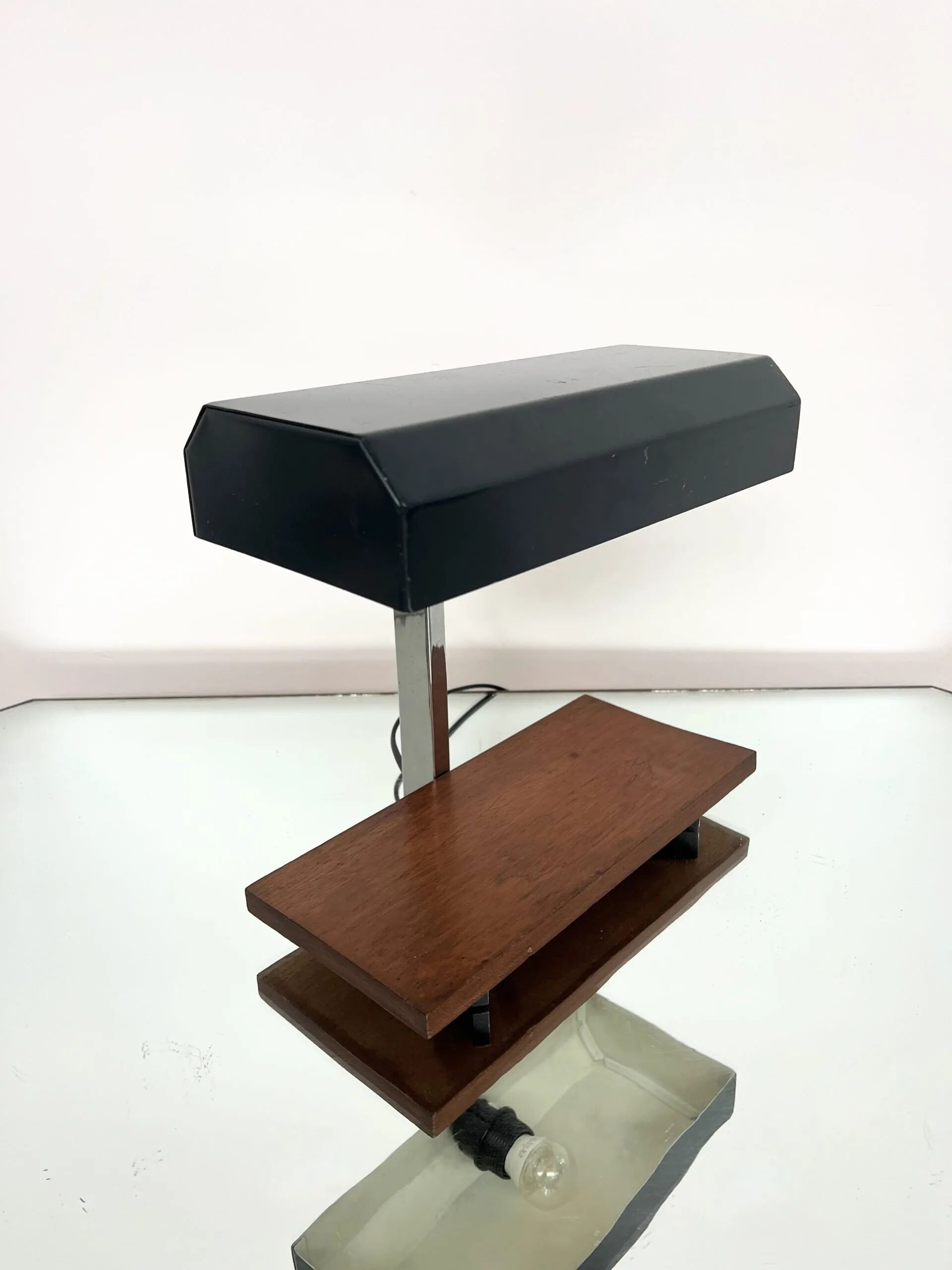 1950s desk lamp with teak base and grey lacquered metal