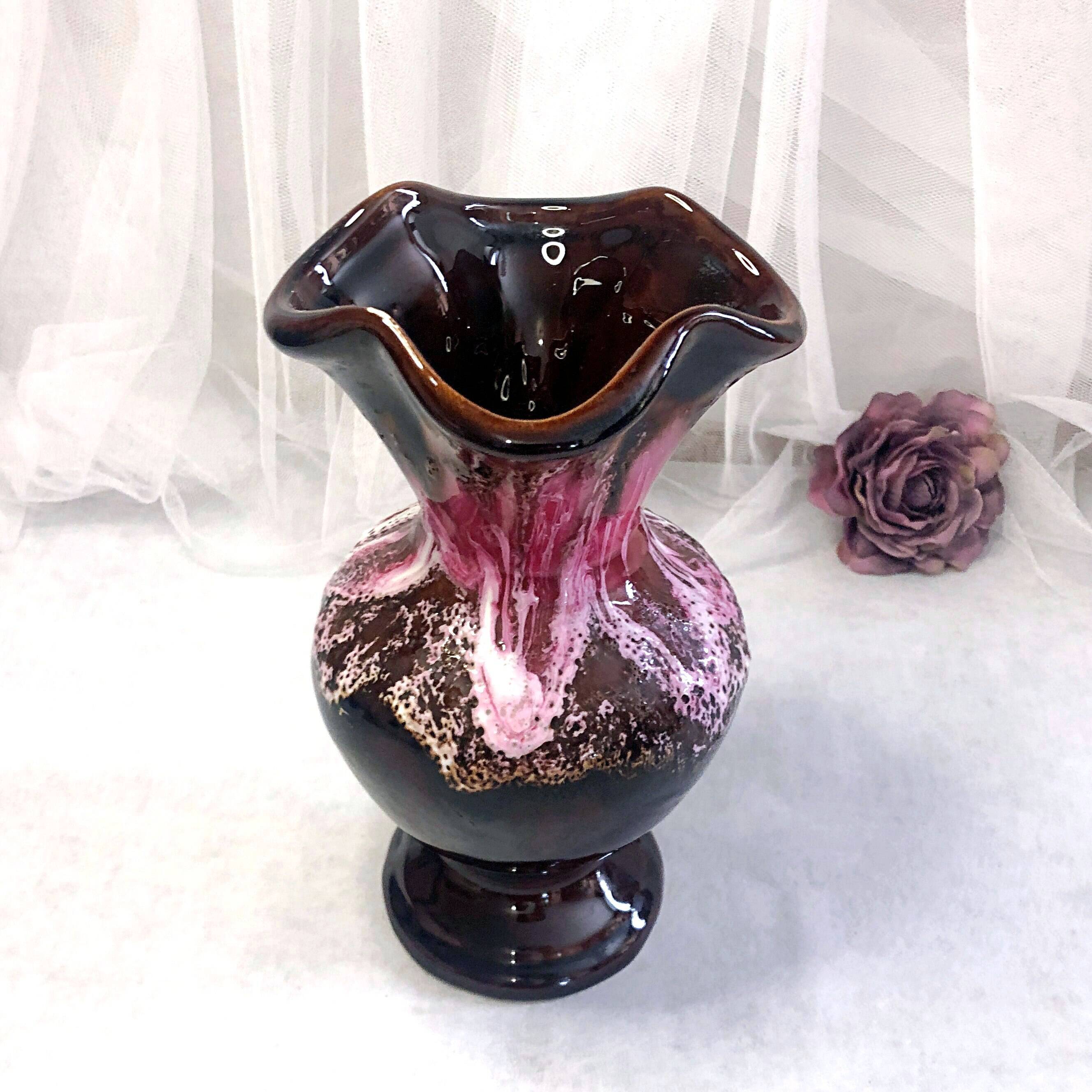 Seafoam tulipwood vase, brown and pink, Vallauris, signed PG