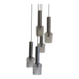 Large suspension chandelier with 5 glass lampshades and aluminium tube.