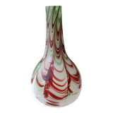 Chimney neck ball vase. Murano style. Flamed swirl design/Multicolored smoke scrolls. Dim 27 x 14 cm