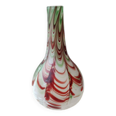 Chimney neck ball vase. Murano style. Flamed swirl design/Multicolored smoke scrolls. Dim 27 x 14 cm