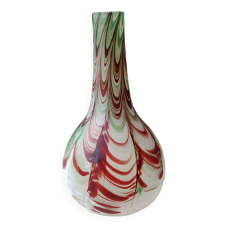 Chimney neck ball vase. Murano style. Flamed swirl design/Multicolored smoke scrolls. Dim 27 x 14 cm