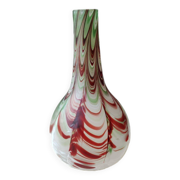 Chimney neck ball vase. Murano style. Flamed swirl design/Multicolored smoke scrolls. Dim 27 x 14 cm