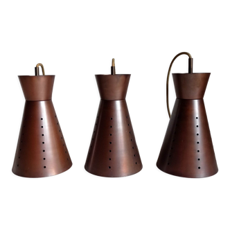 Set of three copper pendant lamps in the shape of a diabolo, 60s
