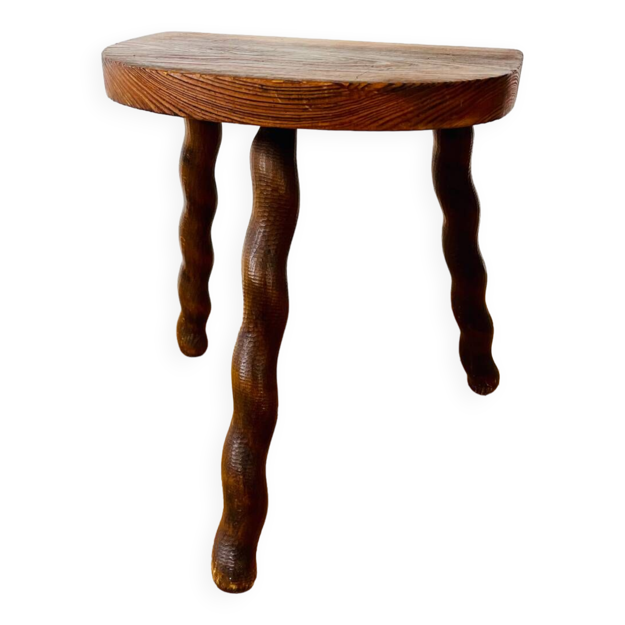 Tabouret vintage bois  tripode demi-lune pieds torsadés