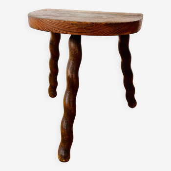 Vintage wooden half-moon tripod stool with twisted legs