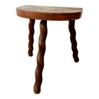Vintage wooden half-moon tripod stool with twisted legs