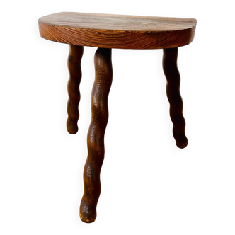 Tabouret vintage bois  tripode demi-lune pieds torsadés