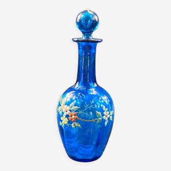 Carafe carafe in blue tinted glass with polychrome enamelled floral decoration LEGRAS type