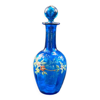 Carafe carafon en verre teinté bleu décor floral émaillé polychrome type LEGRAS