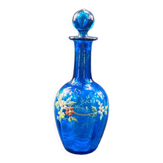 Carafe carafe in blue tinted glass with polychrome enamelled floral decoration LEGRAS type