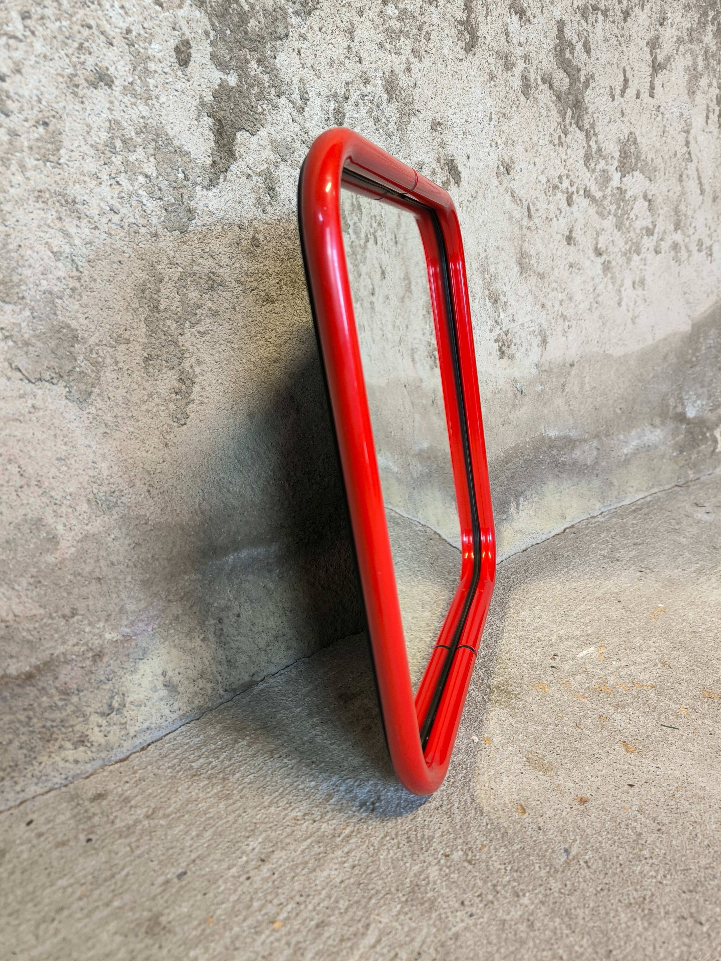 Vintage post-modern lacquered red metal mirror