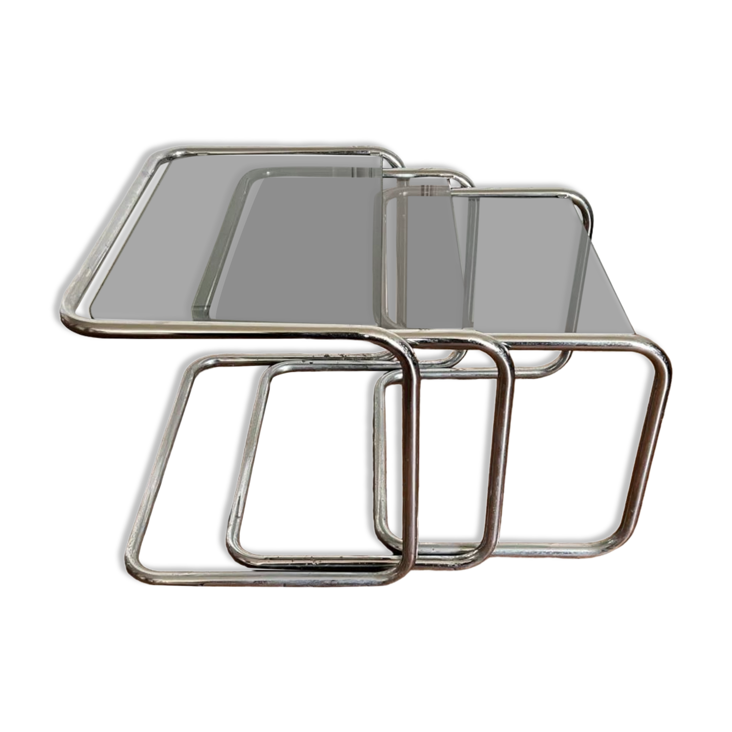 Nesting tables metal and smoked glass 70s